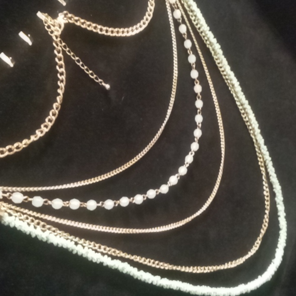 Loft layered sea foam green beaded & gold tone chains 24 to 26 in long